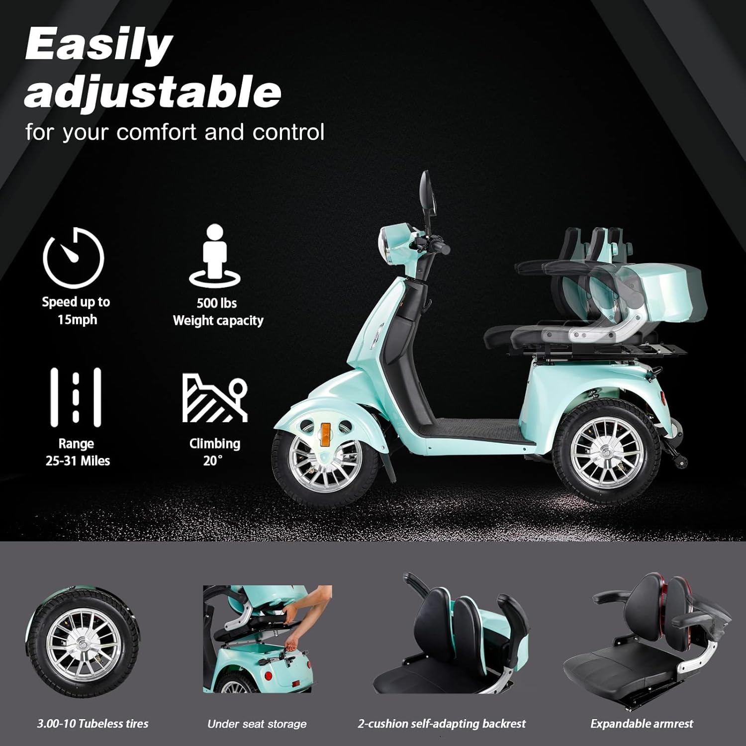 CCKO Electric Mobility Scooter for Seniors Adult,Electric 4-Wheel Mobility Scooter 800W/500lbs,30 Miles Long Range Travel Scooter Adjustable Scooter