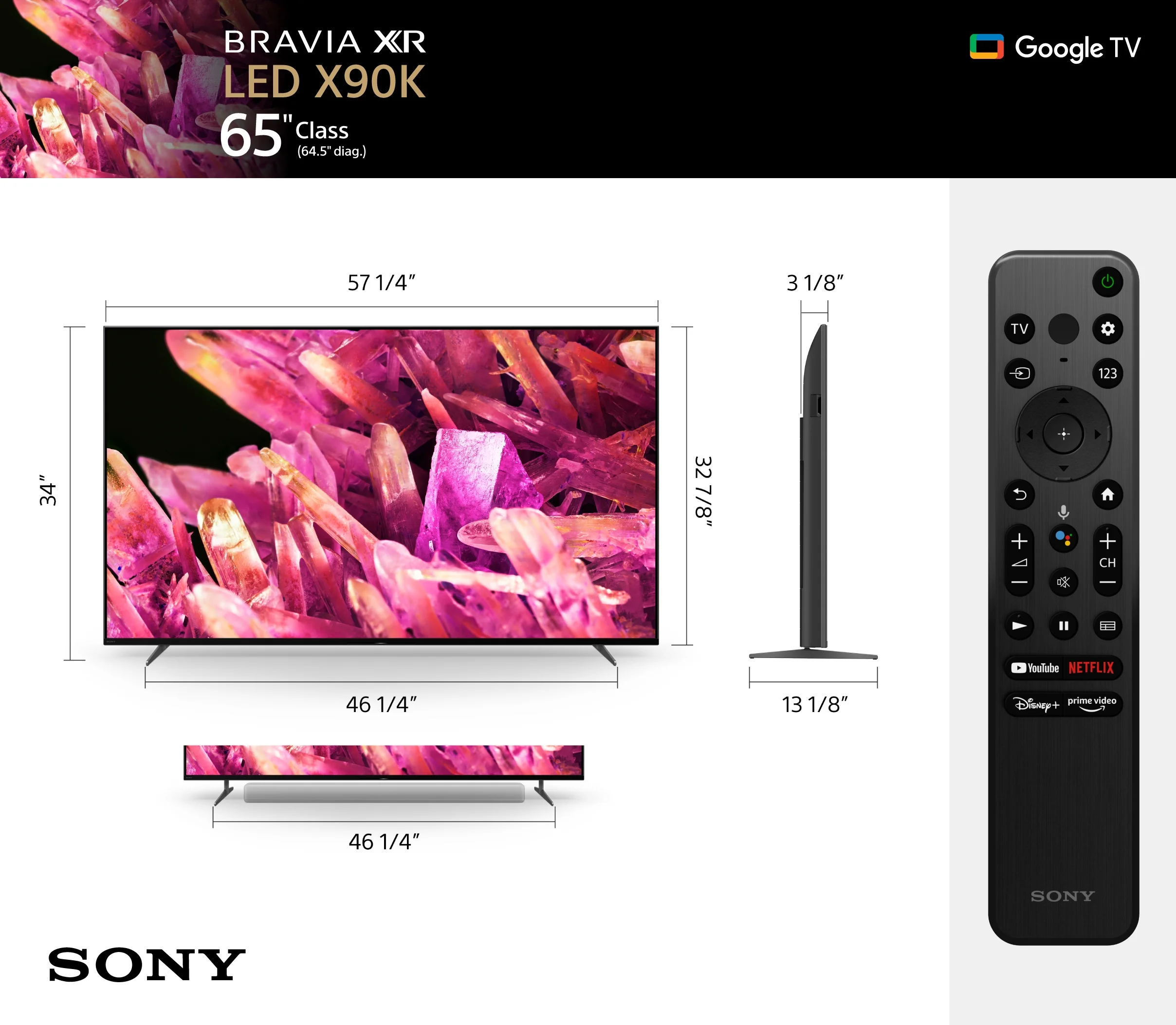 Sony 65” Class BRAVIA XR X90K 4K HDR Full Array LED with Smart Google TV XR65X90K- 2022 Model