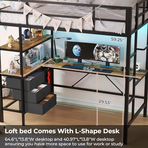 DICTAC Loft Bed Full Size with L-Shaped Desk and Charging Station Full Metal Bed Frame with LED Lights,Open Shelves and 3 Fabric Storage Drawers