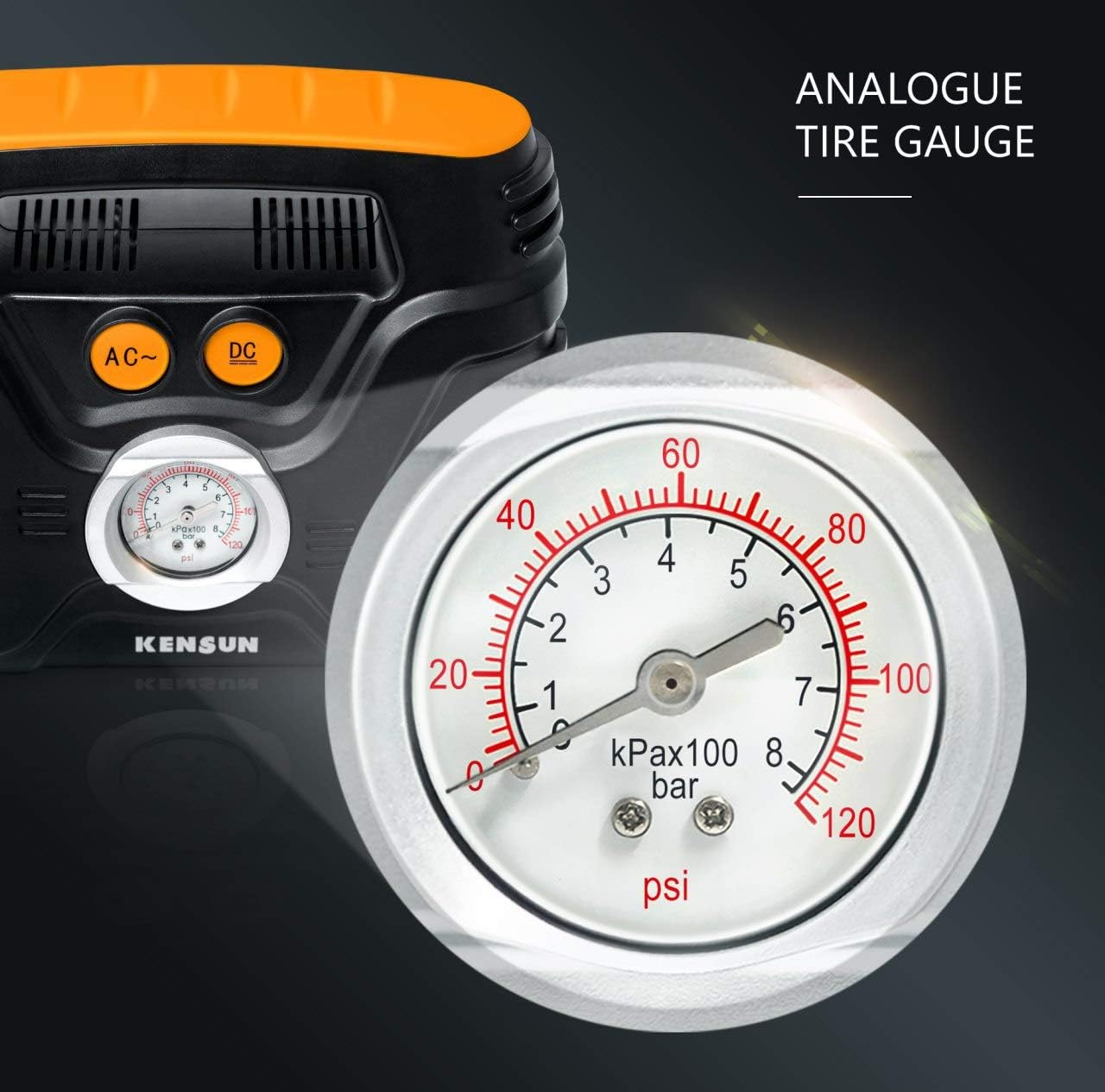 Portable air Compressor Electric tire Pump with Analogue Pressure Gauge for Home (110v) and Car (12v), with Additional adapters for Cars, Trucks