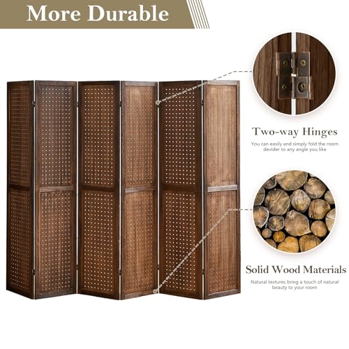 4 Panel Room Dividers and Folding Privacy Screens, 5.6Ft Wooden Pegboard Display, Privacy Dividers for Bedroom