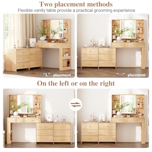 Large Makeup Vanity Desk with Mirror and Lights, Vanity Desk with 8 Drawers & Storage Shelves, Vanity Table with Power Outlet