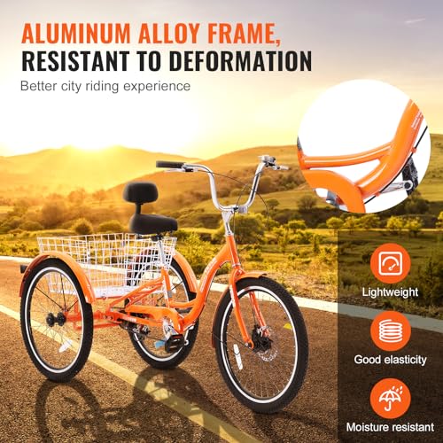 VEVOR Adult Tricycles Bike, 24 Inch Three-Wheeled Bicycles, 3 Wheel Bikes Trikes, Aluminum Alloy Cruiser Bike with Basket & Adjustable Seat