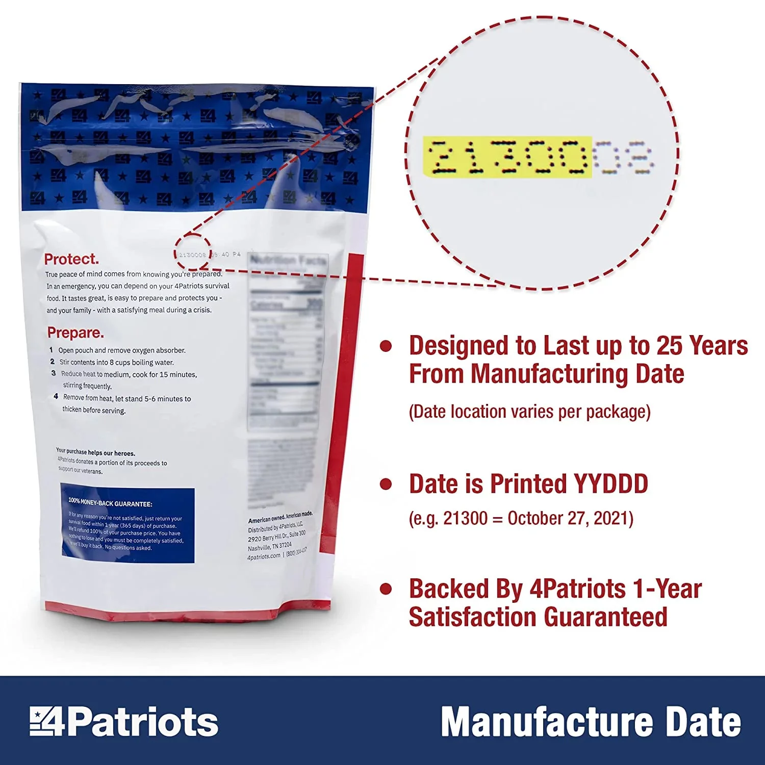 4Patriots Emergency Food Supply - 72-Hour Survival Kit - Freeze Dried Food - 25-Year Shelf Life - 16 Servings