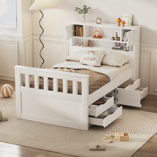Harper & Bright Designs Twin Size Captain Platform Bed with Bookcase Headboard, Wood Twin Bed Frame with Storage Drawers and Shelves
