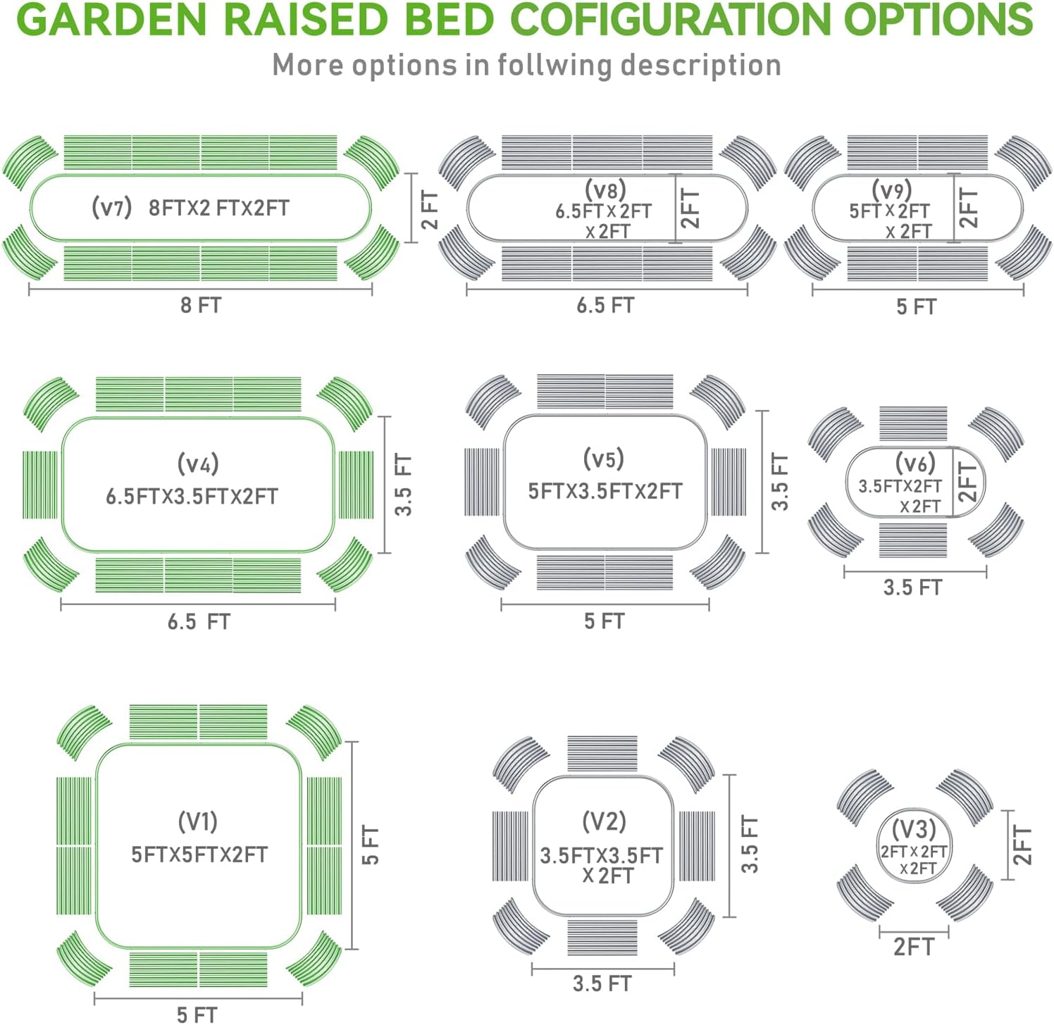 8x2x2/6.5x3.5x2/5x5x2ft Outdoor Galvanized Raised Garden Bed, 9 in 1 Adjustable Planter Raised Bed for Gardening