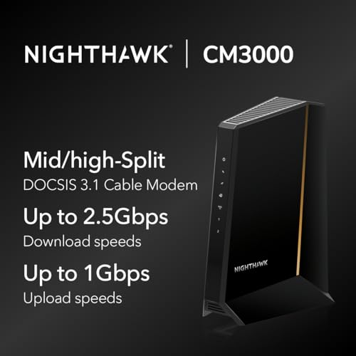 NETGEAR Nighthawk DOCSIS 3.1 Mid/high-Split Cable Modem (CM3000-1AZNAS) &ndash; Approved for Today&rsquo;s Fastest Speeds