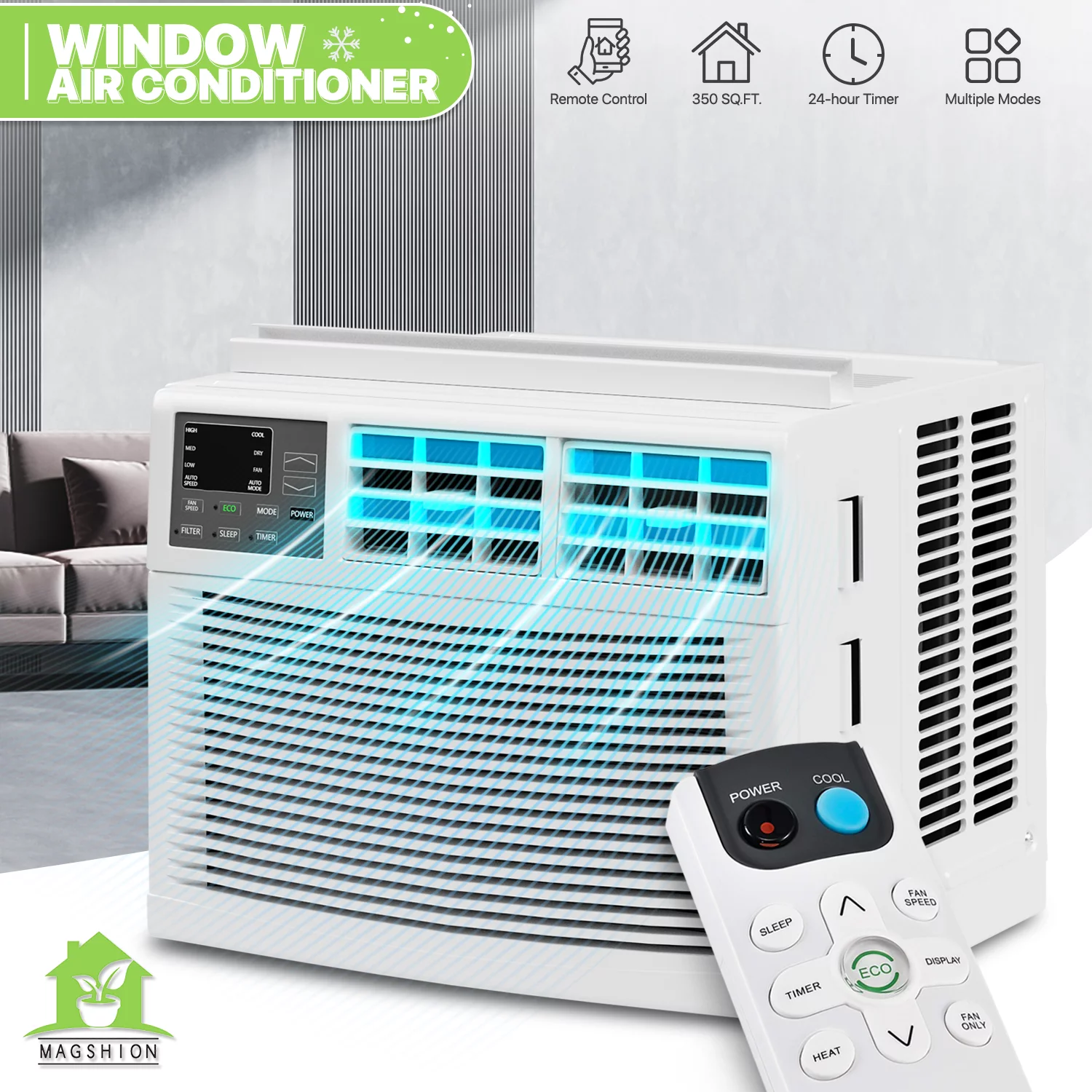 Magshion 8,000 BTU Window Mounted Air Conditioner, Cools Up to 350 Sq.Ft., Quiet Operation, Electronic Control with Remote, 4 Mode Fan Speeds