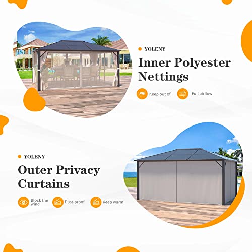 YOLENY 10'x13' Hardtop Gazebo, Outdoor Polycarbonate Double Roof Canopy, Aluminum Frame Permanent Pavilion with Curtains and Netting