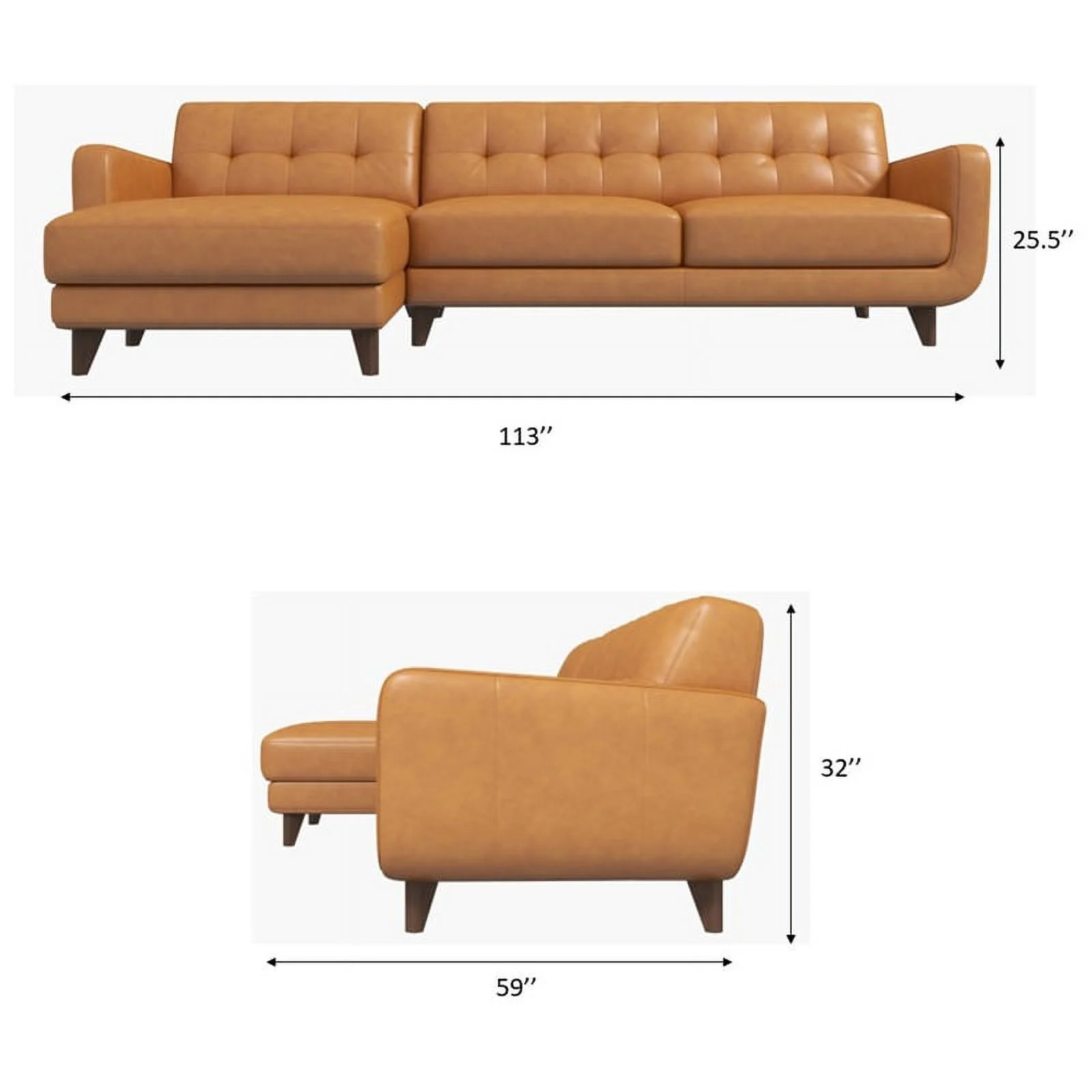 Pemberly Row Mid-Century L-Shaped Leather Right-Facing Sectional in Brown