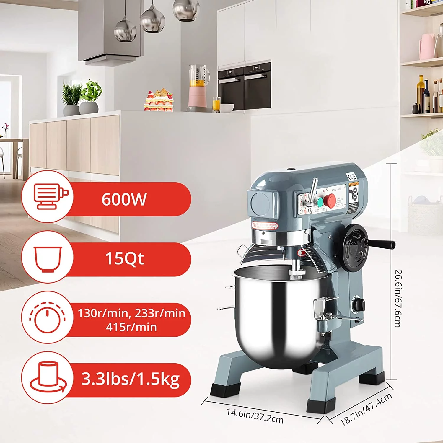 15Qt Food Mixer, 600W, 3-Speed Commercial Stand Mixer with tainless steel bowl, dough hook, whisk, Heavy duty mixer with safety guard