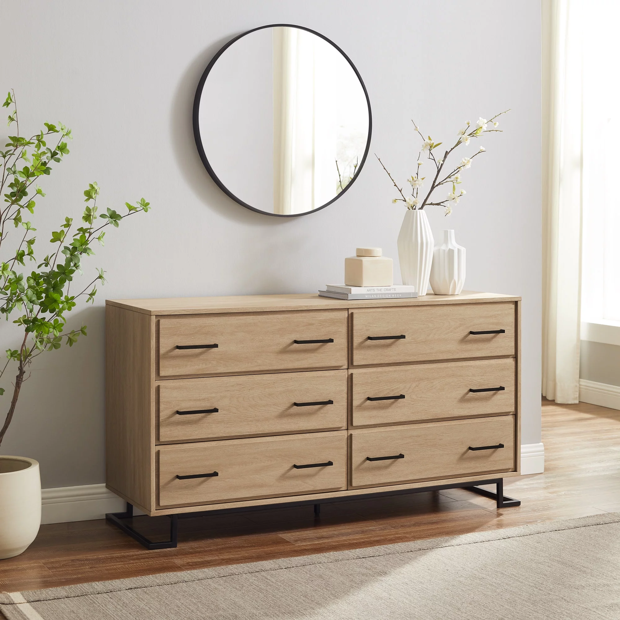 Walker Edison Contemporary Angle-Leg 6-Drawer Dresser, Coastal Oak