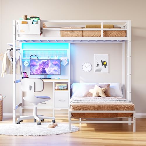DICTAC Twin Over Twin Size Bunk Bed with Desk and Charging Station Metal Loft Bed with Led Lights & Storage Shelves and Drawers L-Shaped Bunk Bed for