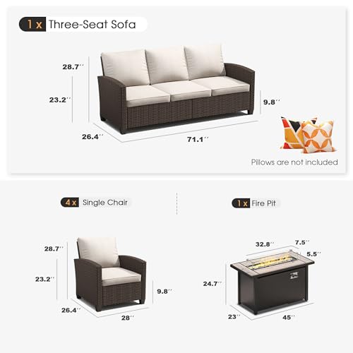 VICLLAX 6 Pieces Patio Furniture Set with 45-Inch Firepit Table, Outdoor Wicker Conversation Set with 3-seat Sofa
