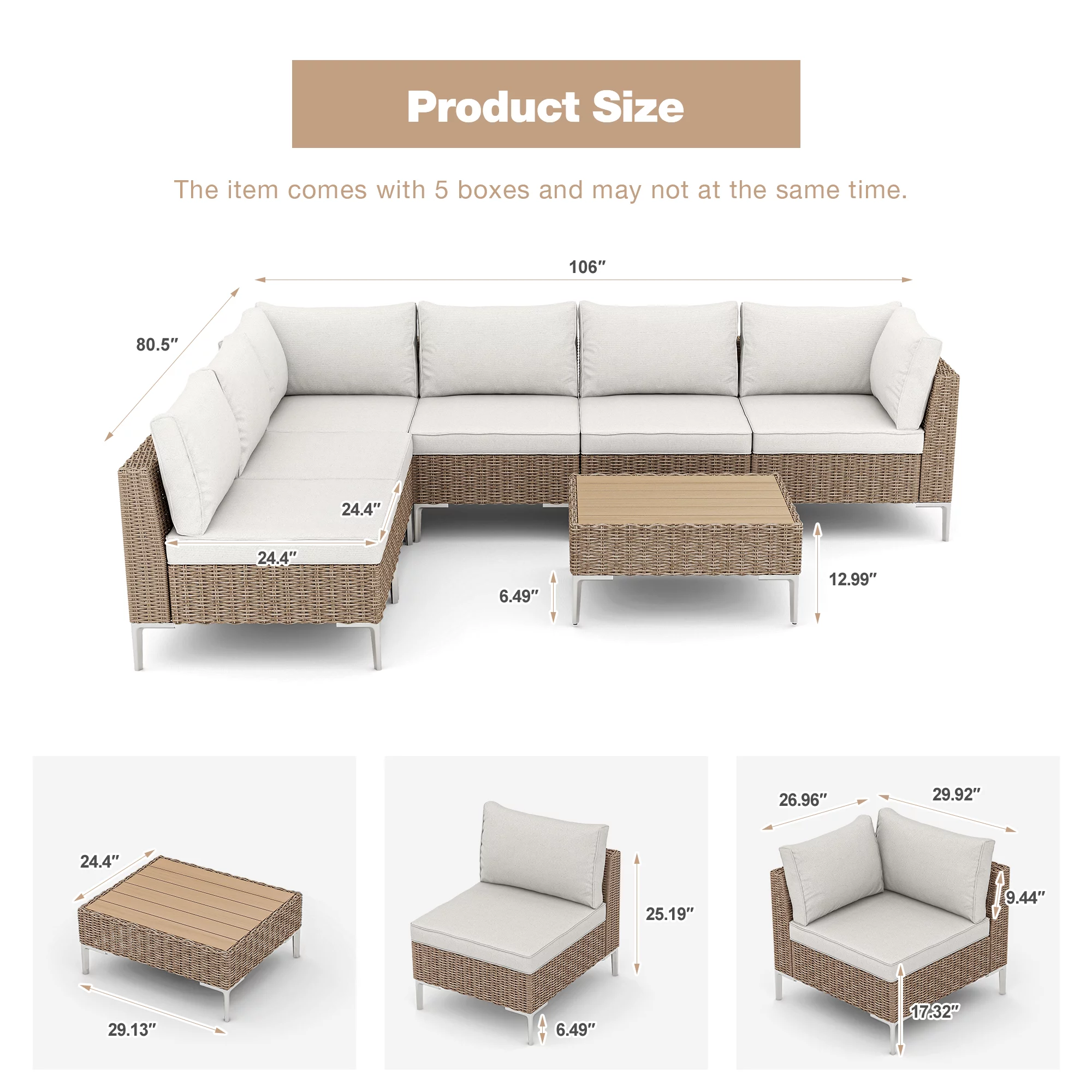 Homrest 7 Piece Patio Furniture Set Outdoor Sectional Sofa Conversation Set Half-Round Rattan Wicker Outdoor Furniture Set with Soft Cushion for