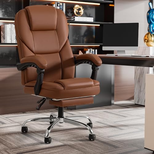 Executive Office Chair, Ergonomic High Back with Footrest, Reclining Leather Seats with Lumbar Support, Comfy with Double Thick Cushion