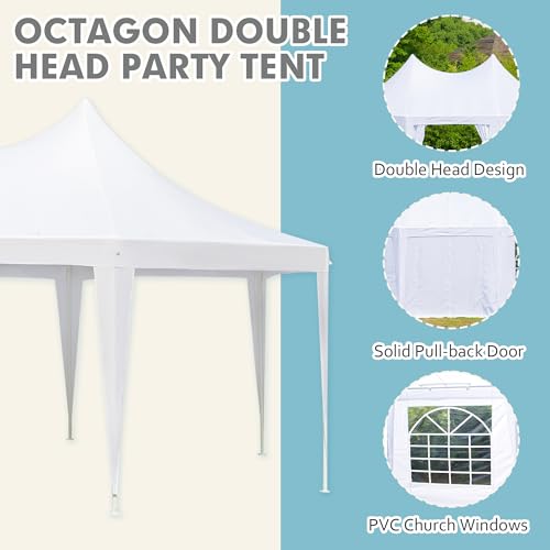 EROMMY 26x19ft Party Tent, White Wedding Tent, Decagonal Heavy Duty Canopy with 8 Removable Sidewalls, 8 Church Windows and 2 Pull-Back Doors