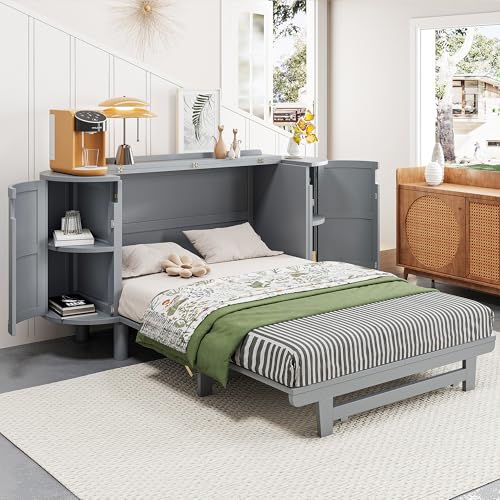 Queen Size Farmhouse Murphy Bed Cabinet with Charging Station, Foldable Platform Bed Frame with 2 Storage Drawers