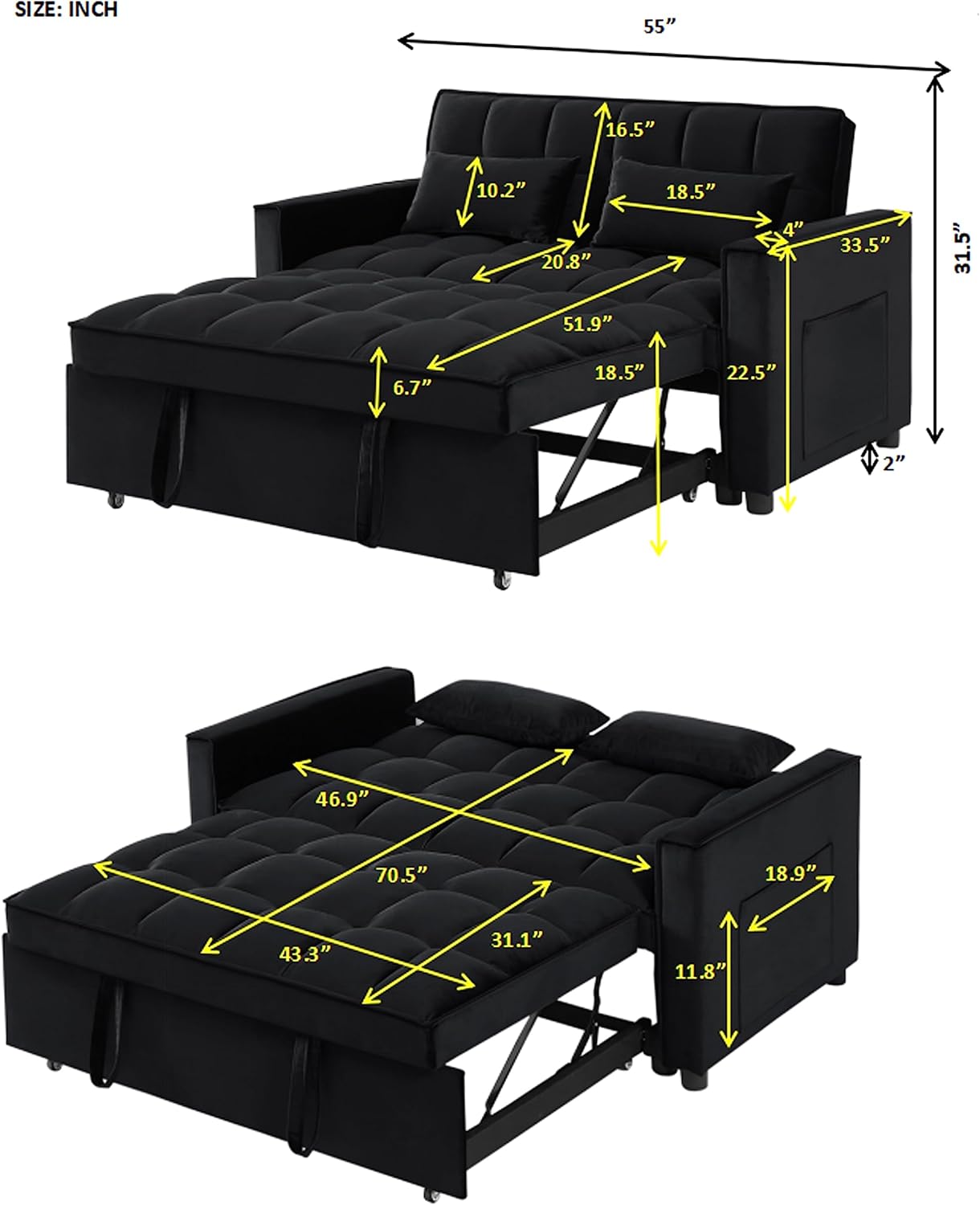 3 in 1 Convertible Sleeper Sofa Couch with Pull Out Bed,Small Futon Loveseat Lounge Chaise with Reclining Backrest and Armrest