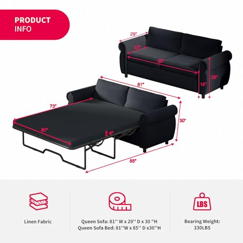 MUZZ Pull Out Sofa Bed, Queen Sleeper Sofa Couch with 4" Thick Memory Foam Mattress, Modern Linen Sectional Loveseat with Rivet Decoration