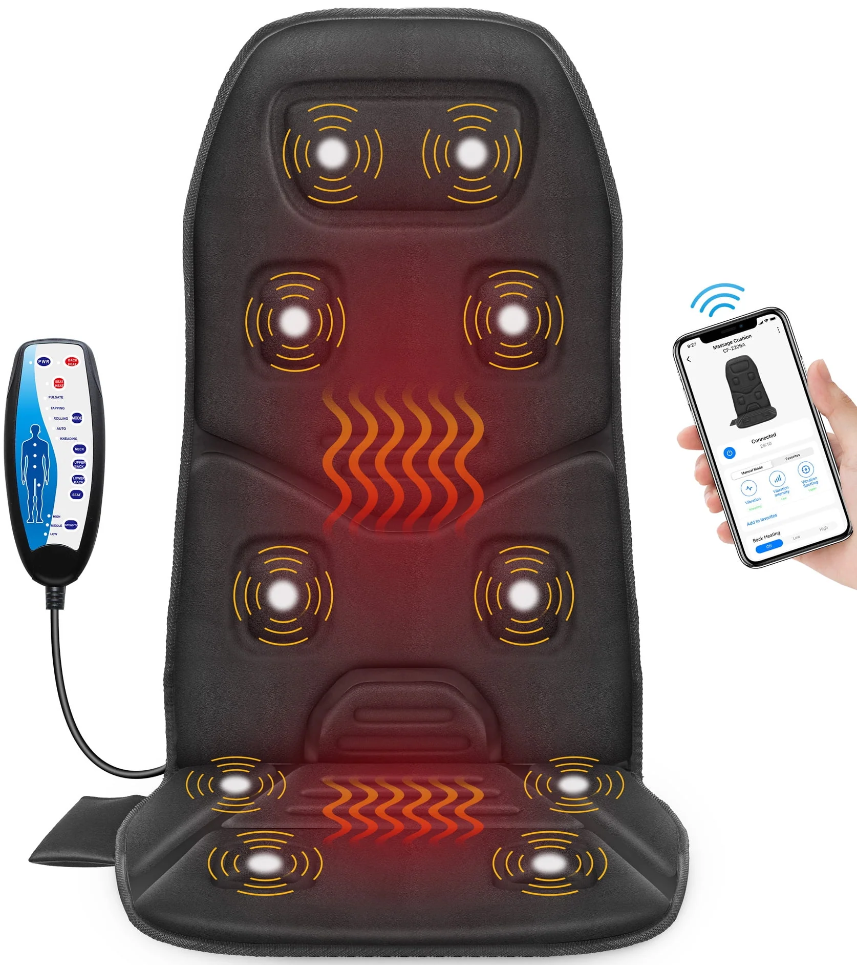 COMFIER Motors Massage Seat Cushion with 3 Level Heating Pad, Back Massager, Black, Gift for Men Women, Home/Car Use