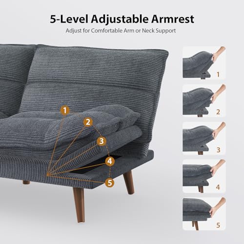 Pipishell Convertible Futon Sofa Bed,66" Corduroy Futon Couch with Adjustable Backrest and Armrests, Recliner Sleeper Sofa for Small Spaces