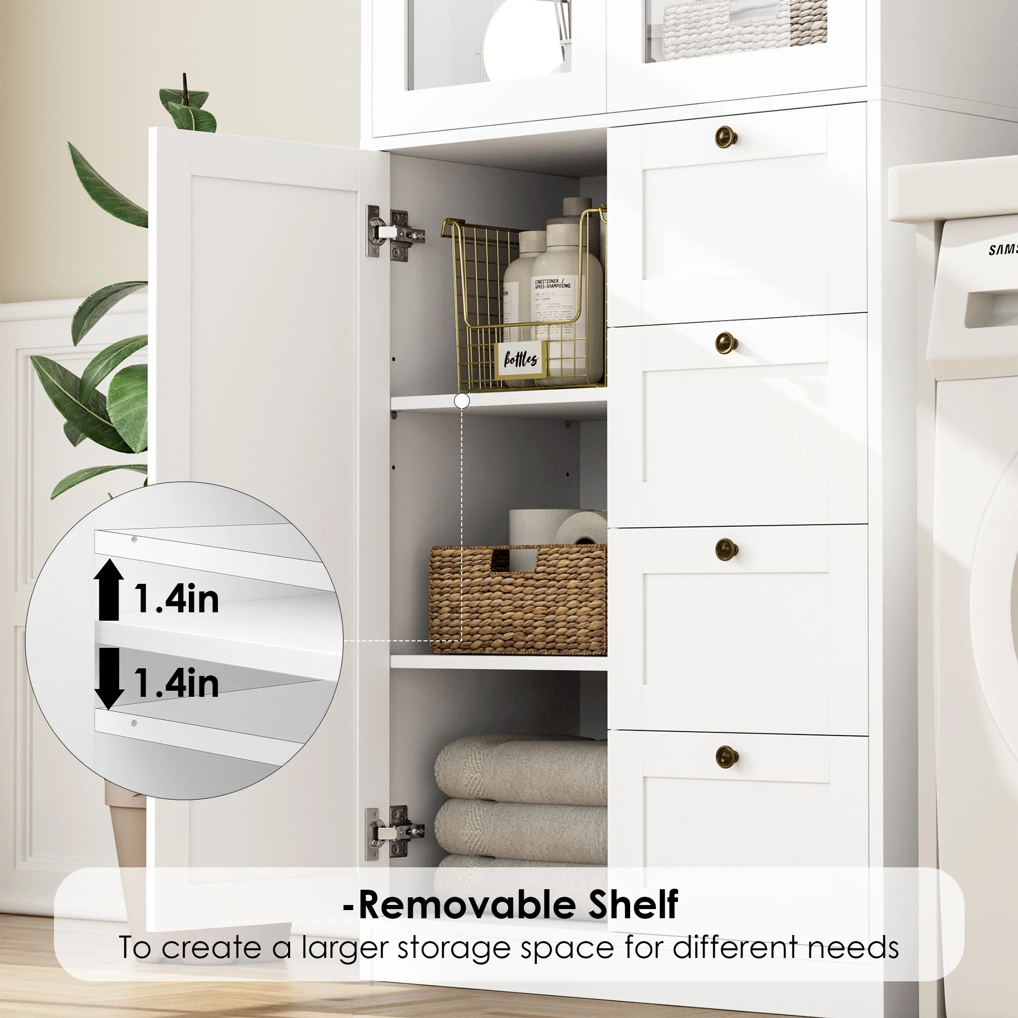 Homfa 70.9''Kitchen Pantry Cabinet with 2 Glass Doors and 4 Drawers, Modern Food Storage Cabinet with Adjustable Shelves for Dining Room, White