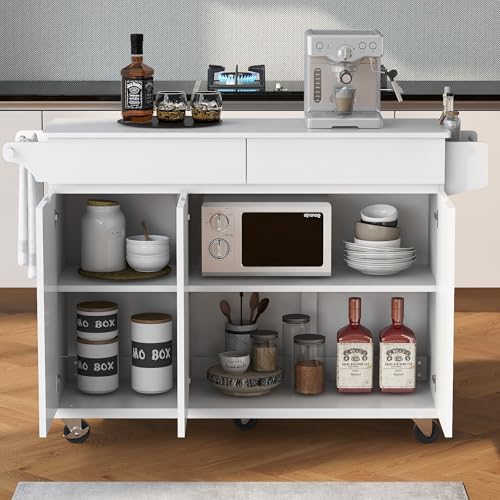 53.5''Farmhouse Kitchen Island with Power Outlet, Kitchen Storage Island with Drop Leaf, Spice Rack and Drawer, Rolling Kitchen Cart on Wheels