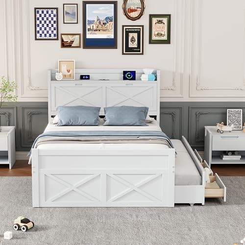 Harper & Bright Designs Twin Size Captain Platform Bed with Bookcase Headboard, Wood Twin Bed Frame with Storage Drawers and Shelves
