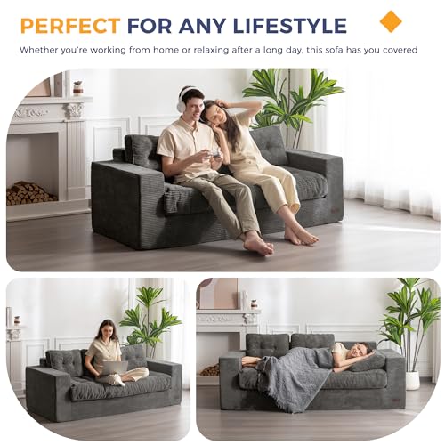 MAXYOYO 3 Seater Couch for Living Room, Boneless Couch with Tufted Cushion & Backrest, Upholstered Floor Sofa with Armrests, Sofa in A Box