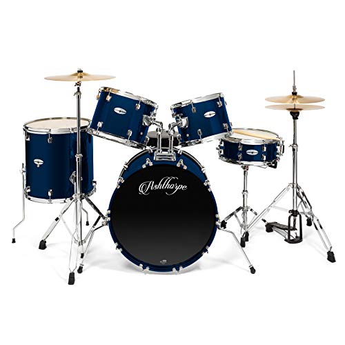 Ashthorpe 5-Piece Full Size Adult Drum Set with Remo Heads & Premium Brass Cymbals - Complete Professional Percussion Kit with Chrome Hardware