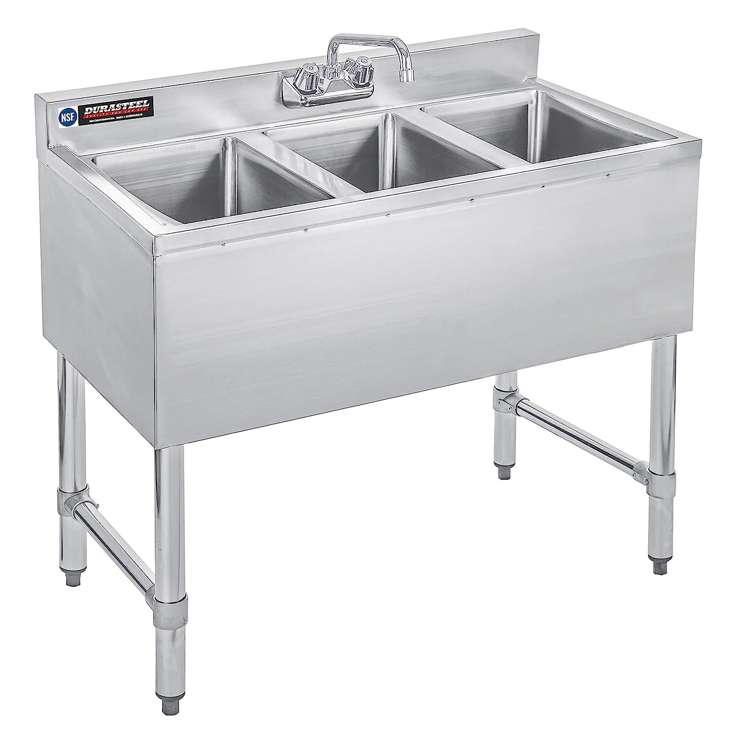 DuraSteel 3 Compartment Underbar Sink - NSF Commercial Freestanding Bar Sink with 10" L x 14" W x 10" D Bowls - Lead-Free Faucet Included
