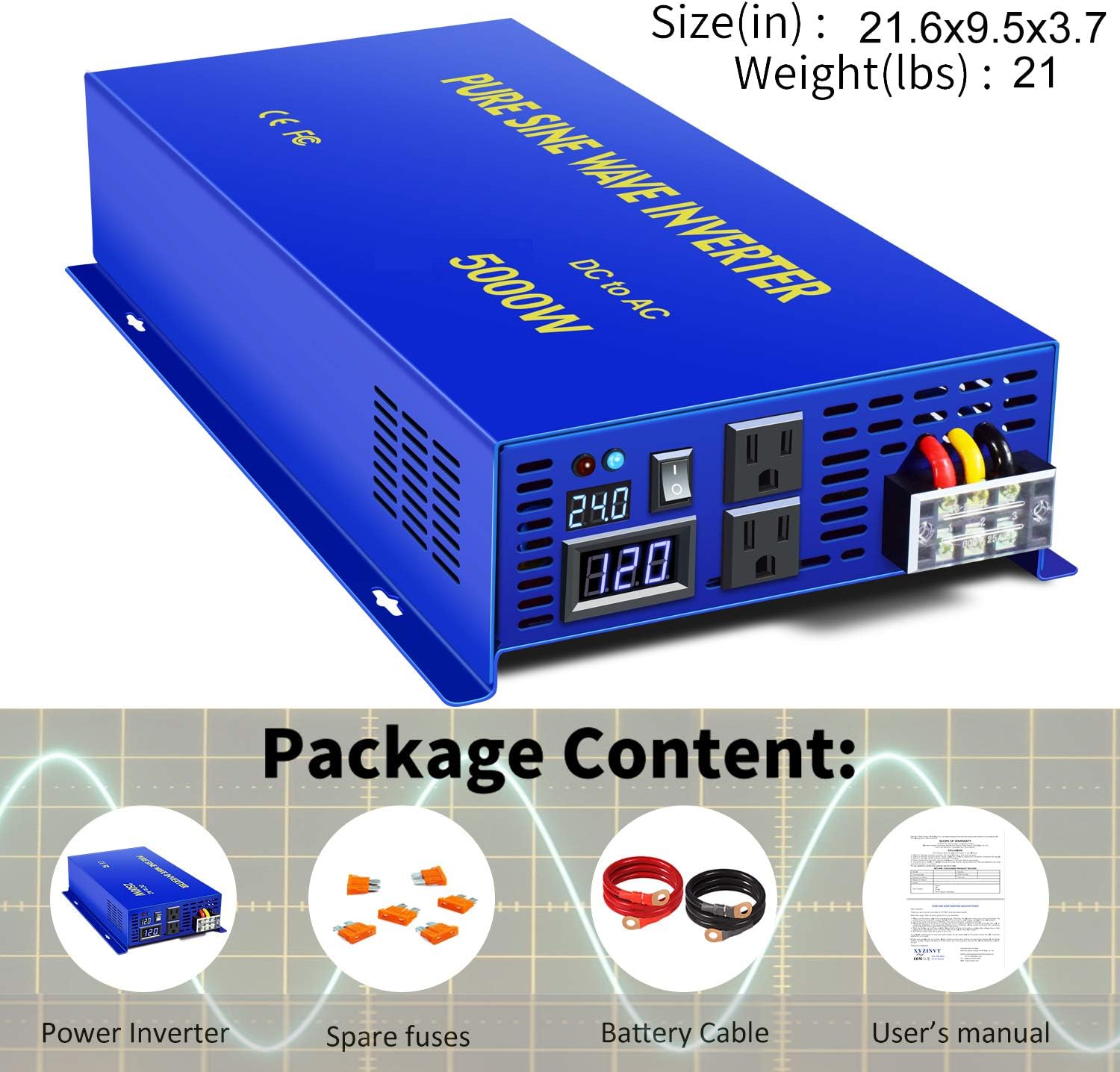 XYZ INVT Pure Sine Wave Power Inverter 3500W / 7000W (Peak) Car Caravan RV Camping Boat DC 24V Inverter Soft Start 24V DC to AC 110V 120V DC Inverter