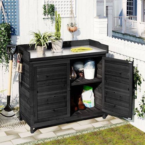 Merax 66" Large Outdoor Farmhouse Wooden Potting Bench Table, Garden Workstation with 2 Drawers, Cabinet, and Open Shelves for Backyard, Mudroom