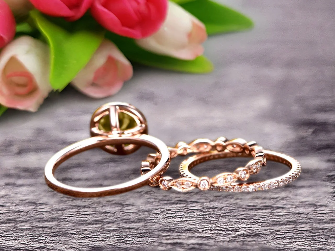 10k Rose Gold Anniversary Gift Art Deco 2.25 Carat 6mm Round Cut Champagne Diamond Moissanite Wedding Ring Set Matching Band Anniversary Gift