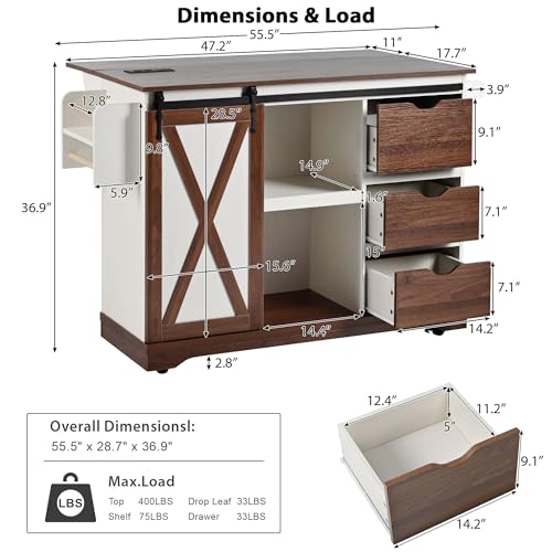 Ball & Cast Farmhouse Kitchen Island with Drop Leaf & Barn Door,Rolling Kitchen Cart on Wheels with Power Outlet,3 Large Drawers