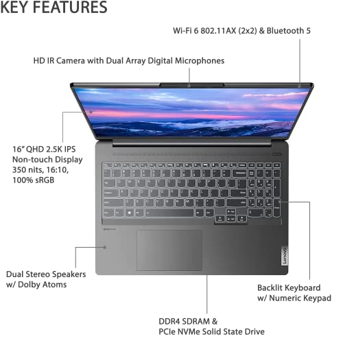 Lenovo Ideapad 5i Pro Laptop, 16" QHD 2.5K IPS Display, Intel Core i5-11300H, GeForce MX450, 8GB RAM, 512GB SSD, IR Camera, Backlit Keyboard, WiFi 6