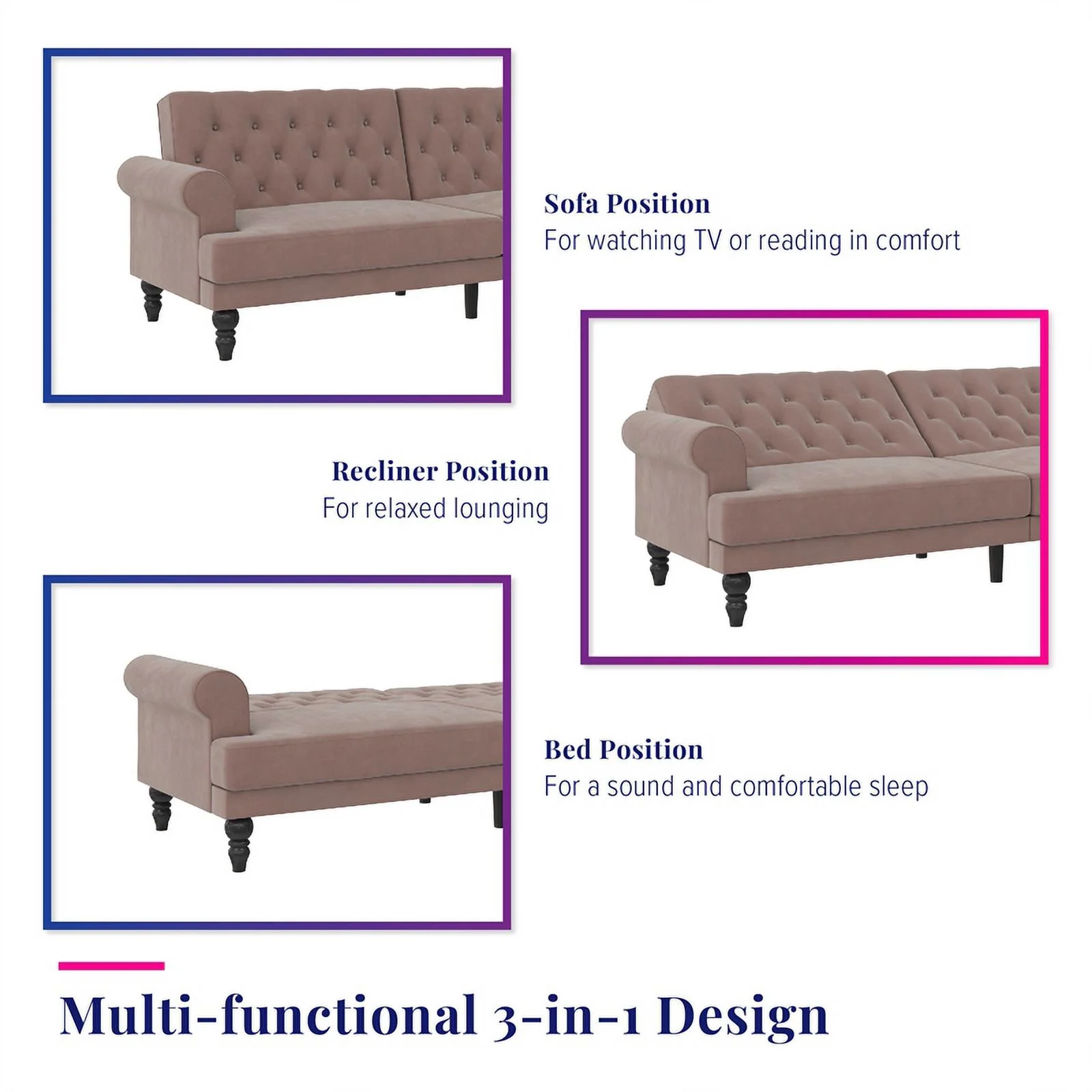 Pemberly Row Modern / Contemporary Upholstered Futon in Blush Velvet