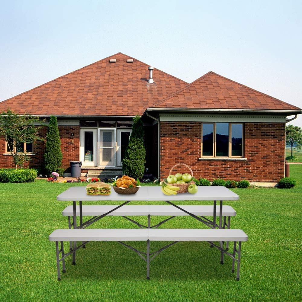 VINGLI 48 Round Bi-Folding Commercial Table, 4 Feet Portable Plastic Dining Card Table for Kitchen or Outdoor Party Wedding Event, White Granite