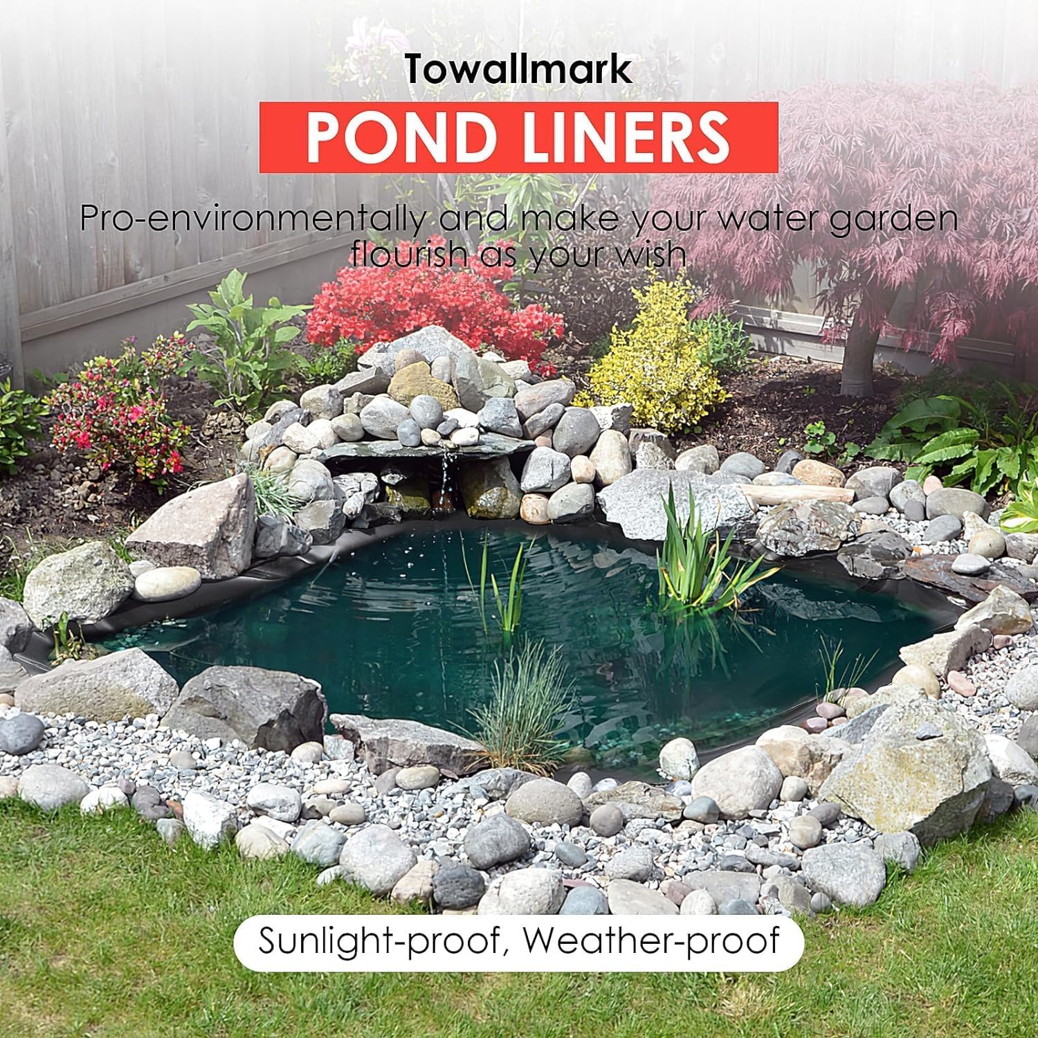 10x15 ft Pond Liner, 45 Mil Thickness, Pliable & Durable EPDM Material, Easy Cutting & UV Resistant, for Fish or Koi, Features, Waterfall Base