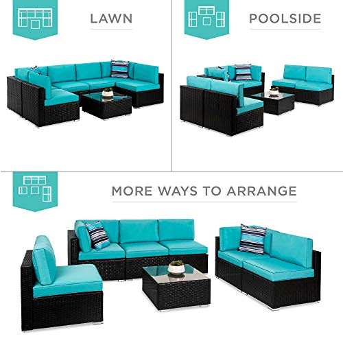 Best Choice Products 7-Piece Modular Outdoor Sectional Wicker Patio Conversation Set w/ 2 Pillows, Coffee Table, Cover Included - Gray/Navy