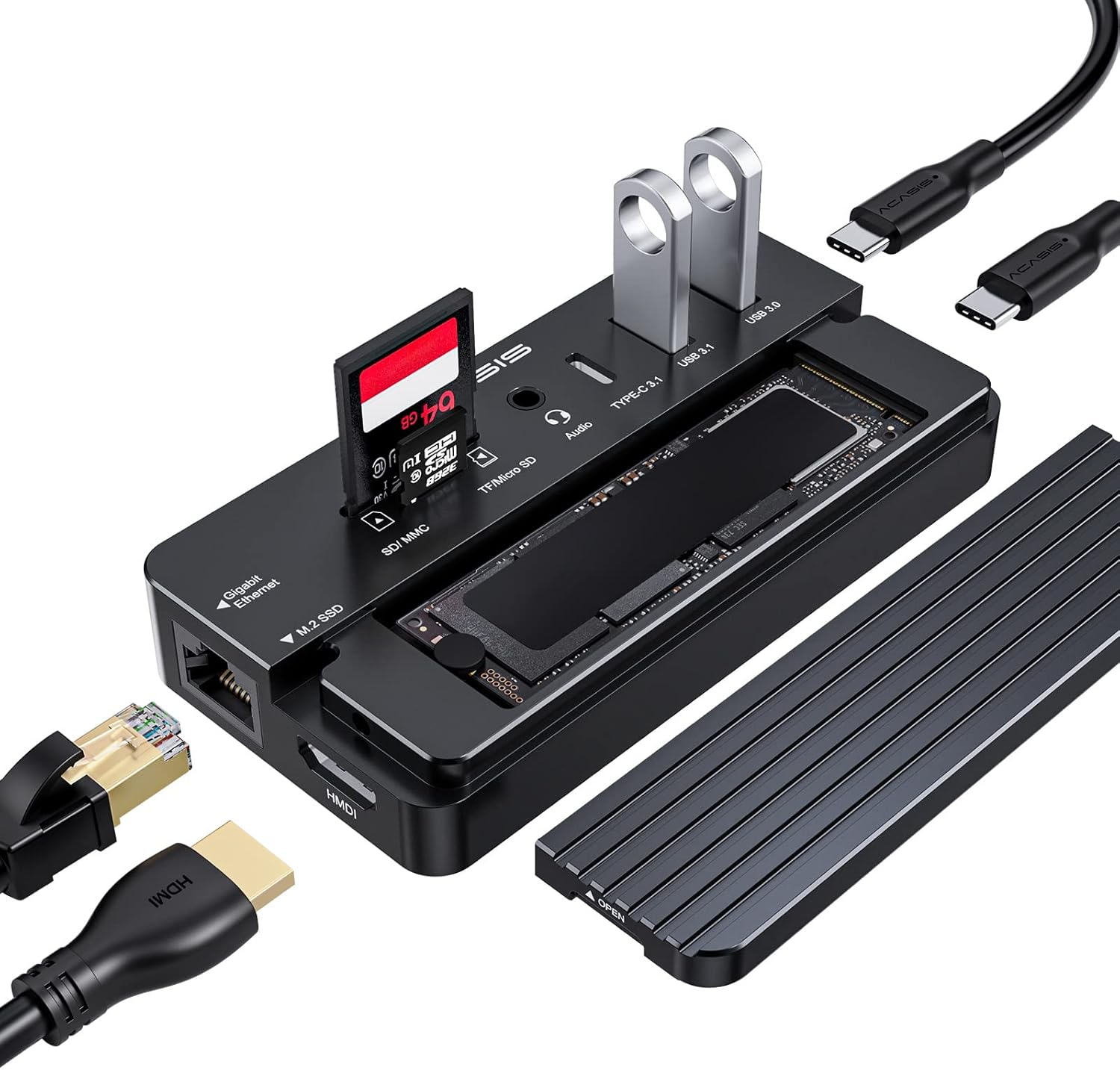 ACASIS USB-C HUB 10-in-1 Docking Station with M.2 NVME & SATA SSD Enclosure,4K60 HDMI,80W Power Delivery for Windows/MAC/IPAD