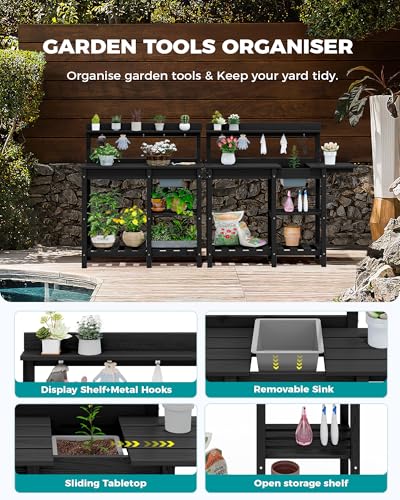 SERWALL Potting Bench Outdoor Potting Table with Sink, HDPE Potting Benches for Outside Gardening Table All Weather Use- Black
