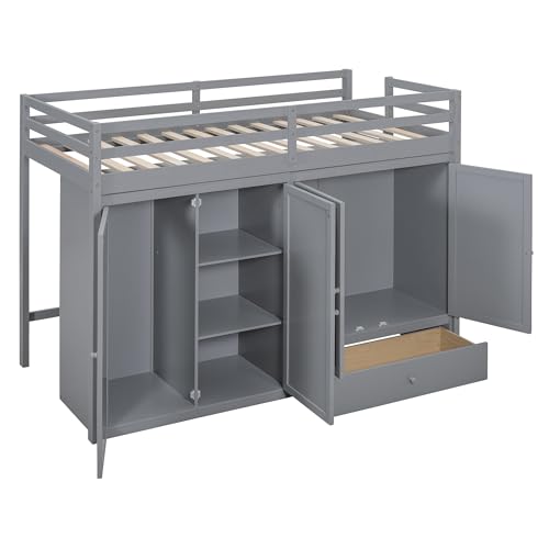 Harper & Bright Designs Twin Size Loft Bed with L-Shaped Desk and Stairs, Solid Wood Loft Bed Frame with Storage Drawers and Bookcase