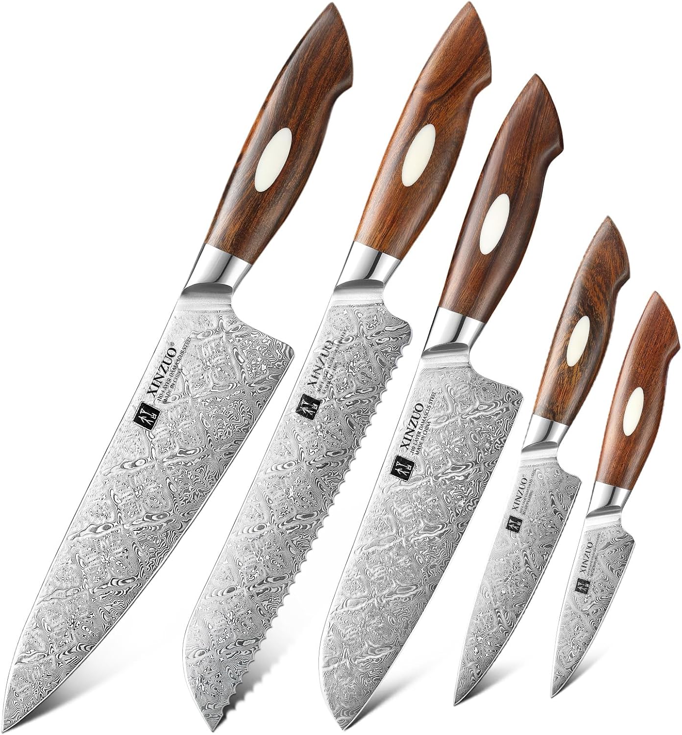 XINZUO 5-Piece Damascus Knife Set, 110 Layers Damascus Steel Professional Chef Knife Set, Razor Sharp for Meat,Vegetable Cutting