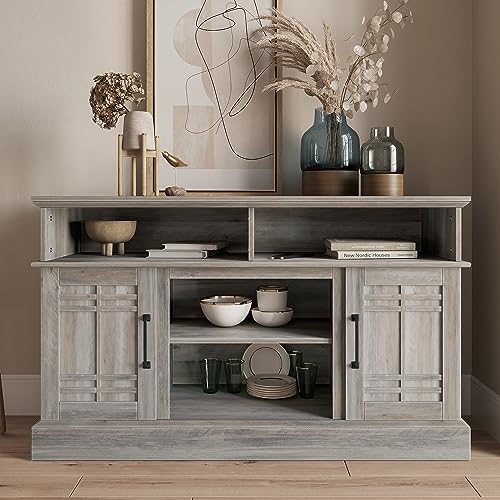 BELLEZE Modern 48" Farmhouse Wood TV Stand & Media Entertainment Center Console Table for TVs up to 50 Inch with Open Storage Shelves & Cabinets