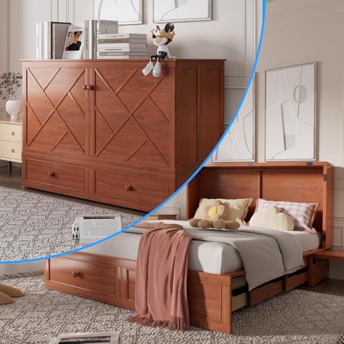 PUREMIND Queen Murphy Bed with Storage Drawers, Camas Con Colchon Incluido, Hideaway Chest Beds with Built-in Charging Station