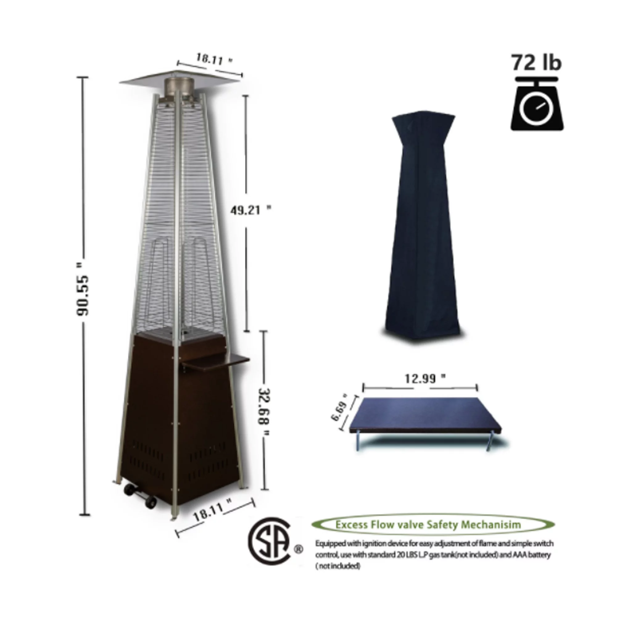 Pyramid Patio Propane Heater, Outdoor Propane Heater with Detachable Table, 48,000 Btu Patio Heater Gift Waterproof Cover