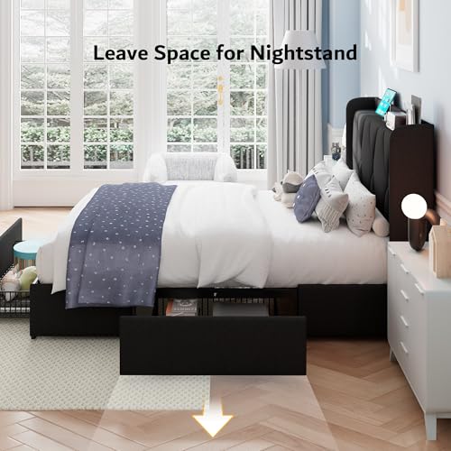 iPormis Queen Bed Frame with 4 Storage Drawers, Upholstered Platform Bed Frame with Charging Station, Modern Wingback Storage Headboard