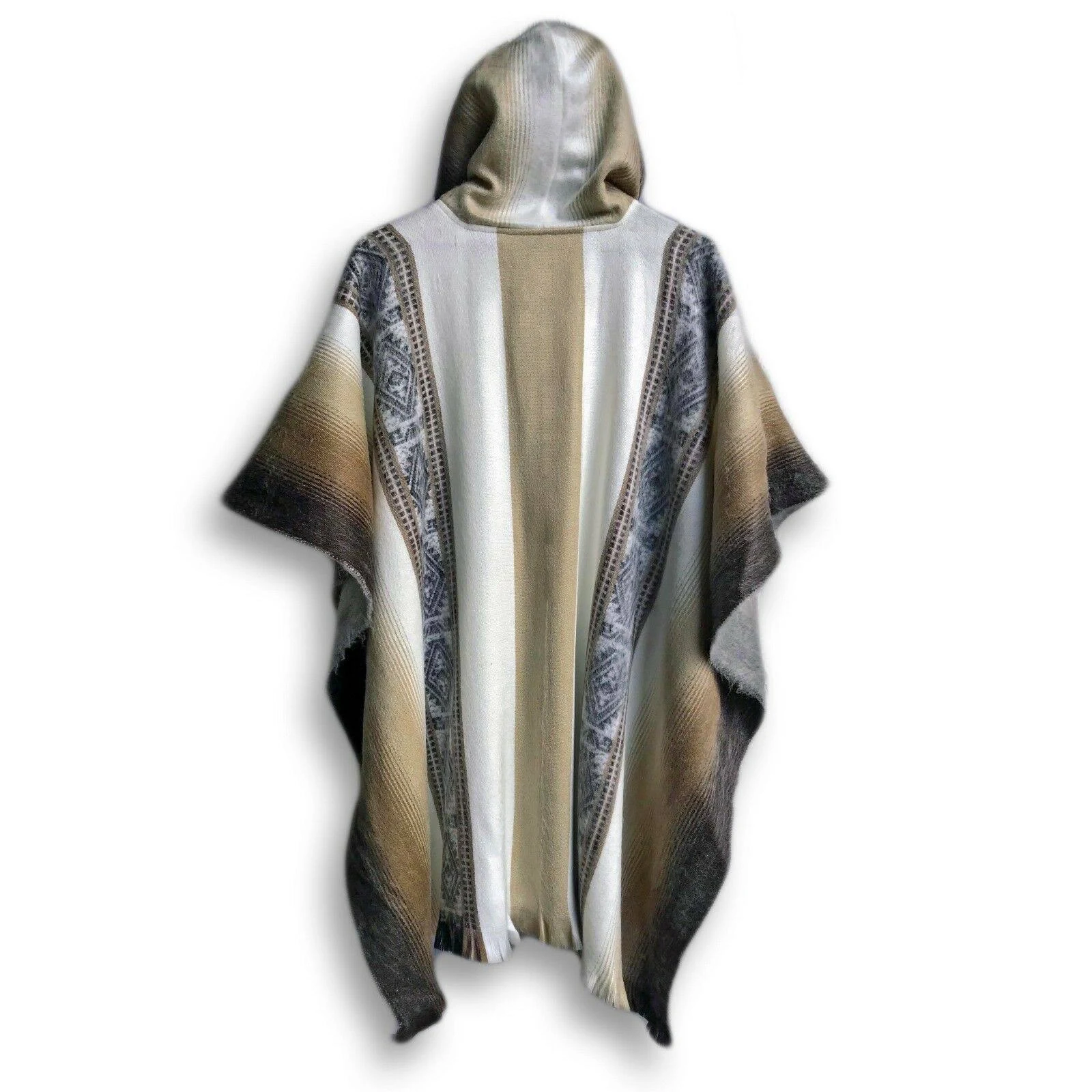 EcuaLama Hooded Wool Poncho Cape in White u0026 Brown - One Size